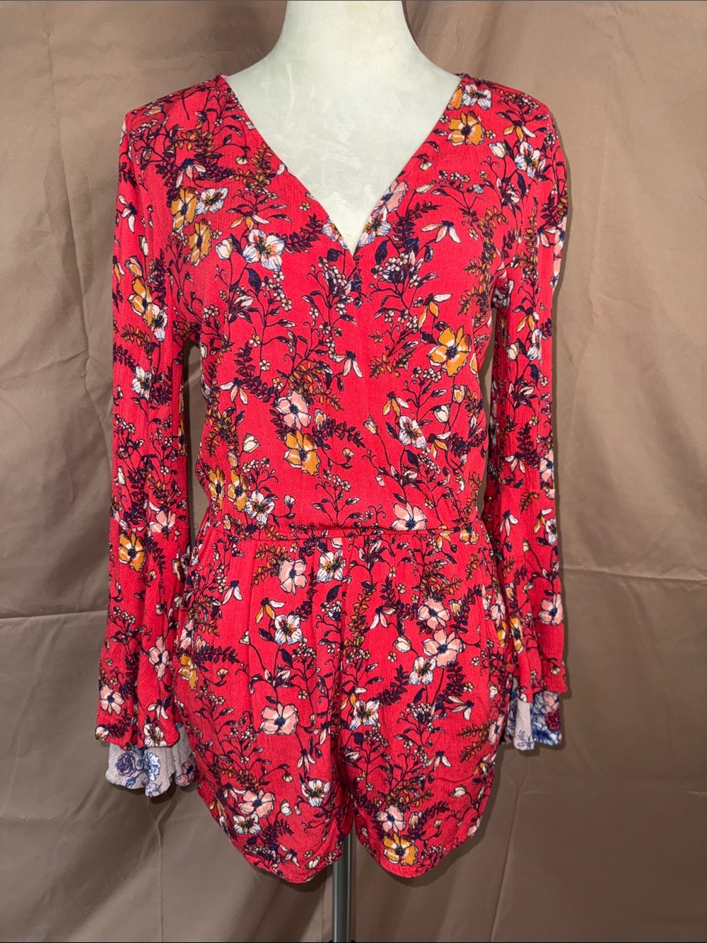 Xhilaration Red Floral Romper with Navy Accents- SMALL